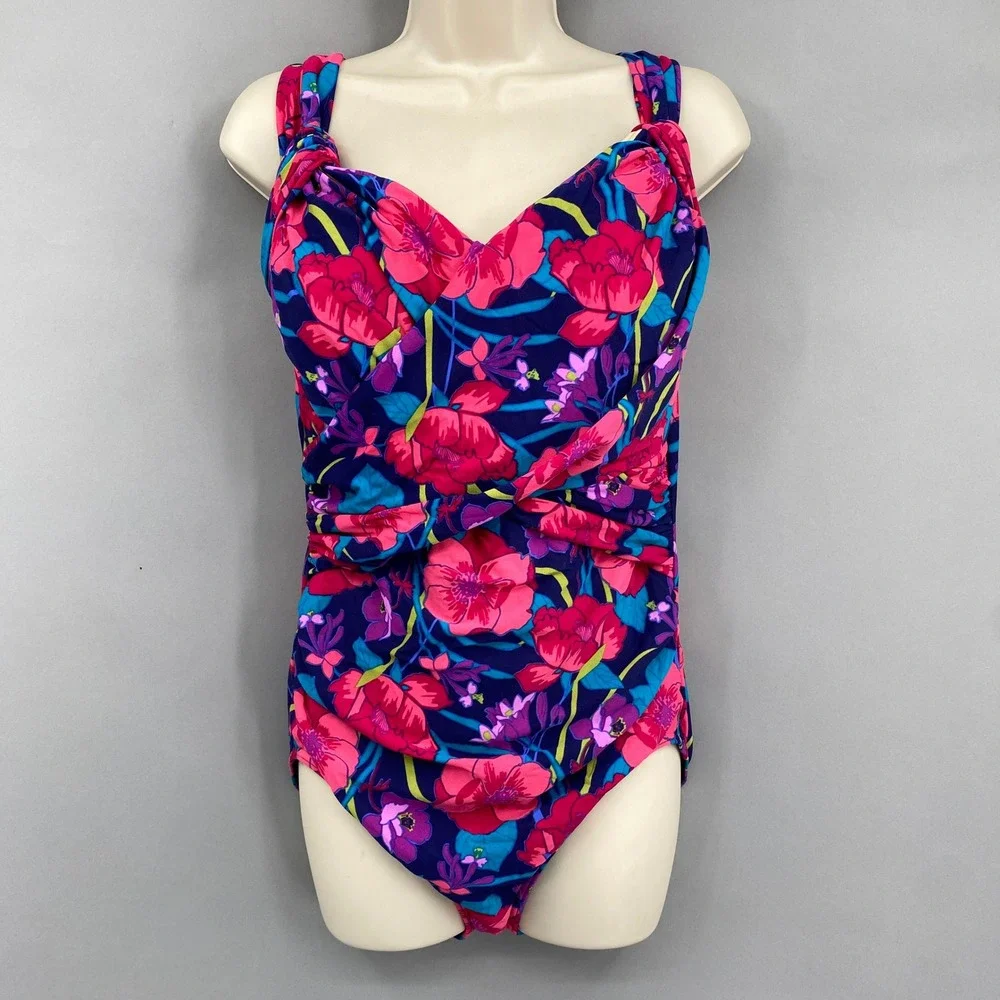 Lands End Floral One Piece Swimsuit Womens 16W Retro Twist Front Swimwear Mod‎